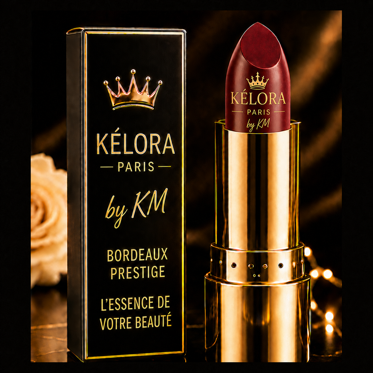Rouge à lèvres Bordeaux Prestige KÉLORA – logo complet sur le rouge