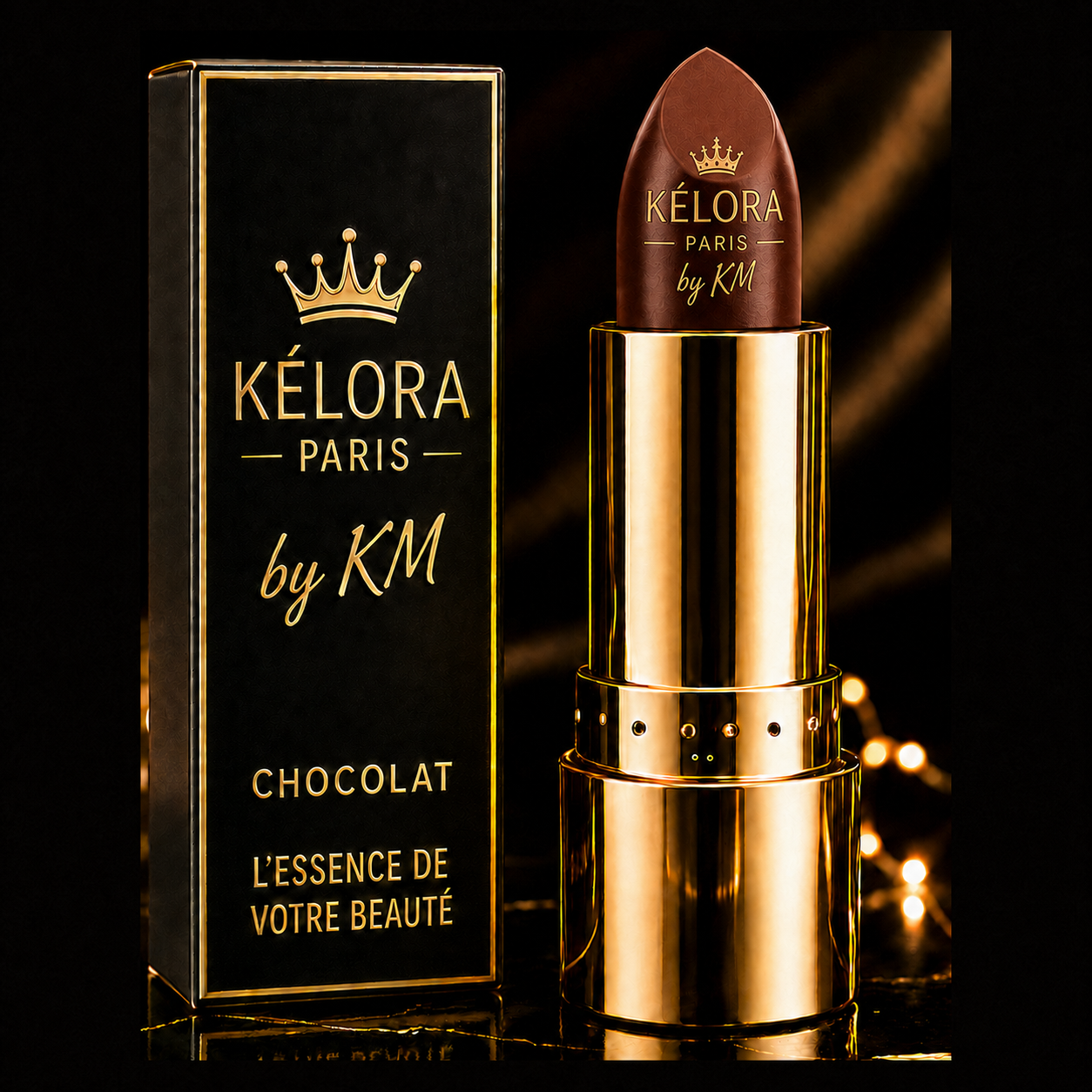 Rouge à lèvres Chocolat KÉLORA – logo complet sur le rouge