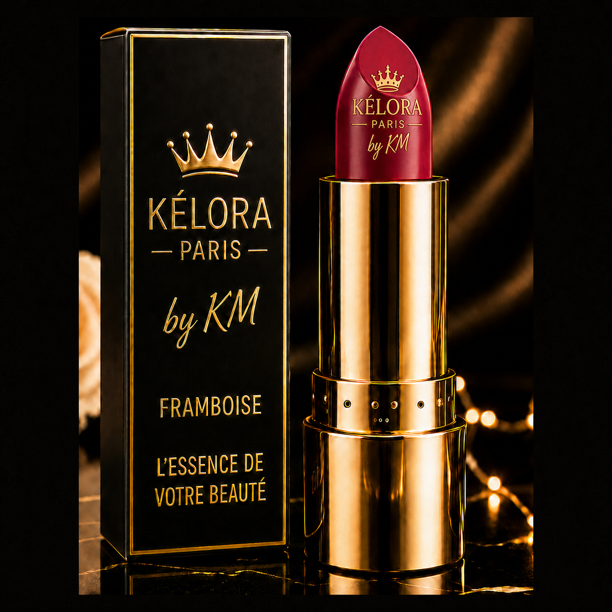 Rouge à lèvres Framboise KÉLORA – logo complet sur le rouge