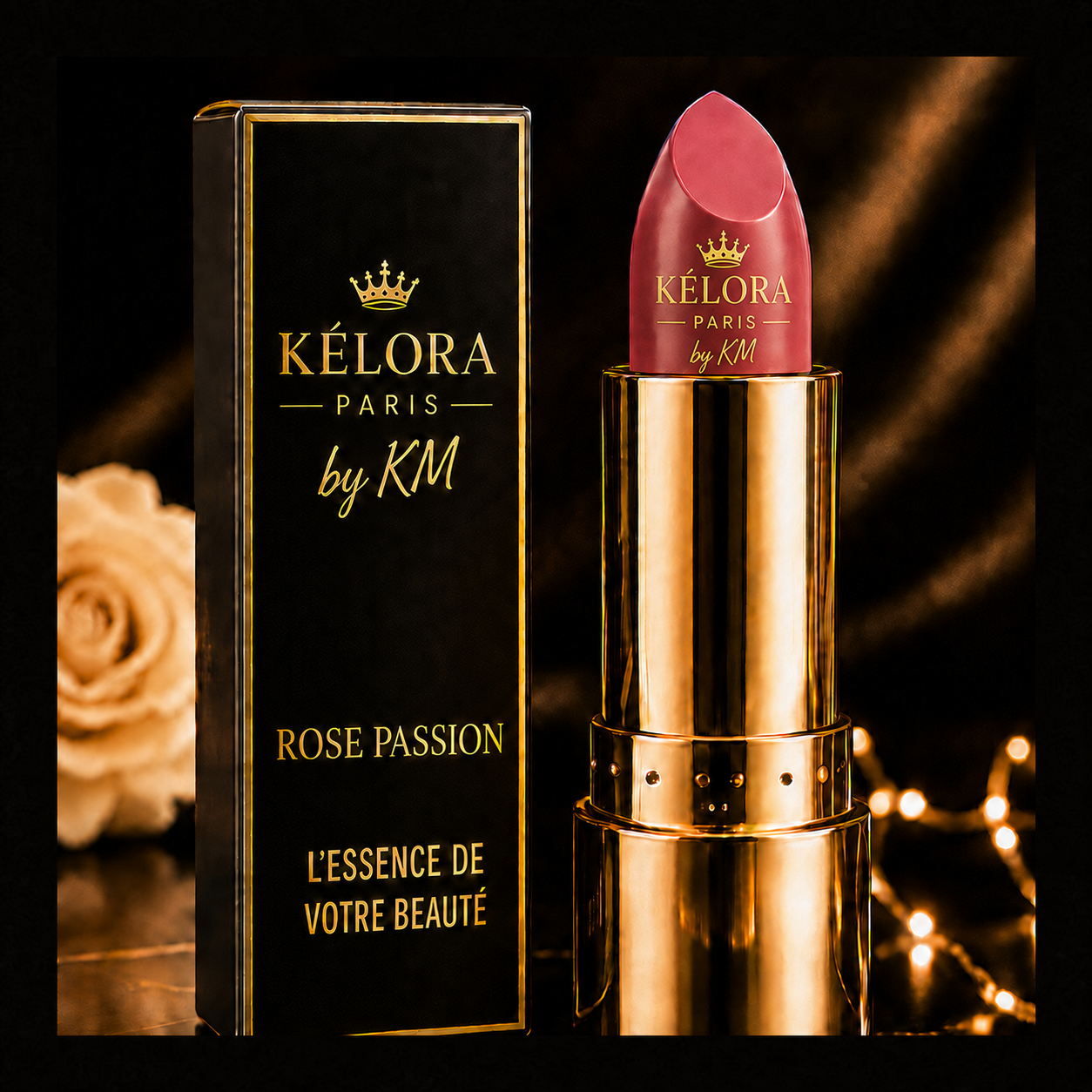 Rouge à lèvres Rose Passion KÉLORA – logo complet sur le rouge