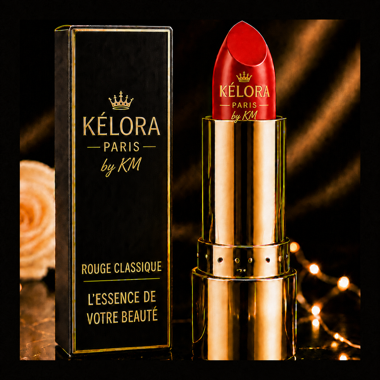 Rouge à lèvres Rouge Classique KÉLORA – logo entièrement doré