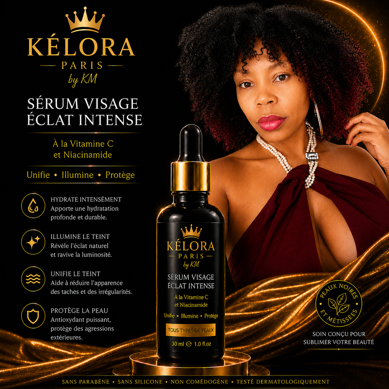 Sérum Visage Éclat Intense KÉLORA avec modèle – format carré