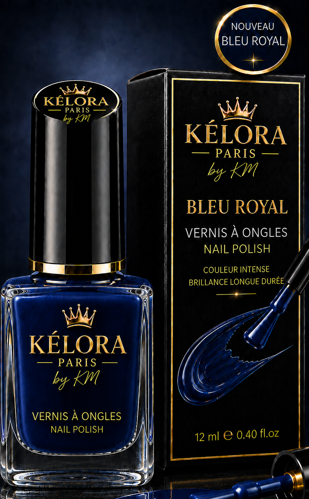 Vernis KÉLORA Bleu Royal, traits dorés de chaque côté de PARIS, sans trait sous by KM