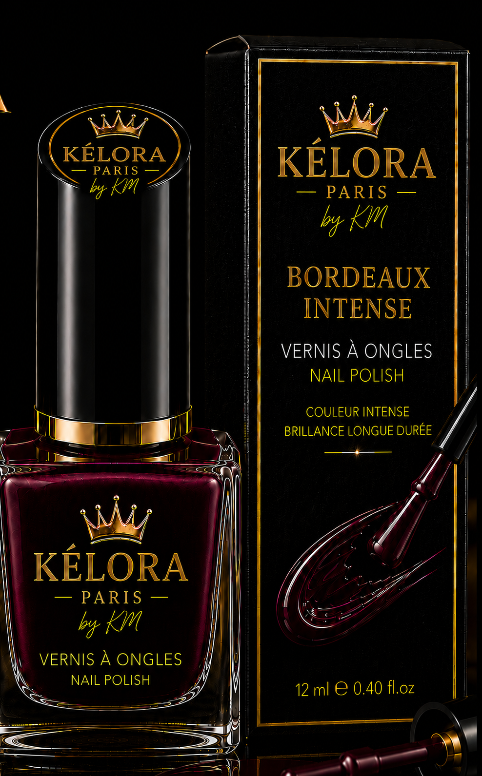 Vernis KÉLORA Bordeaux Intense, traits dorés de chaque côté de PARIS, sans trait sous by KM