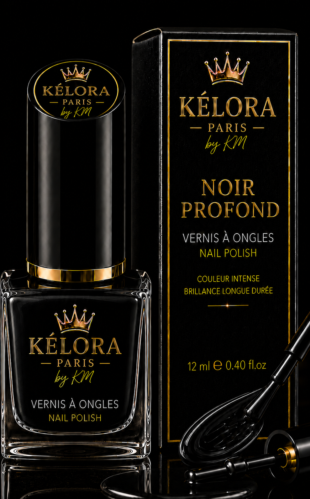 Vernis KÉLORA Noir Profond, traits dorés de chaque côté de PARIS, sans trait sous by KM