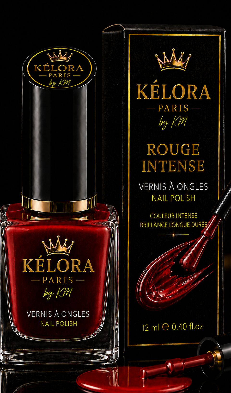 Vernis KÉLORA Rouge Intense, traits dorés de chaque côté de PARIS, sans trait sous by KM